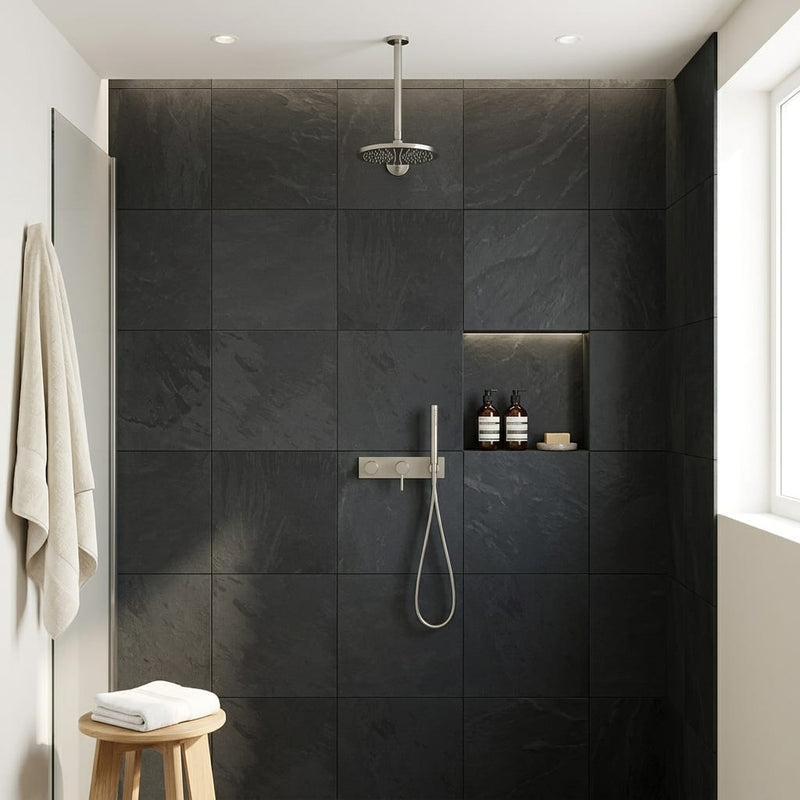 Black Pearl 24x24 Gauged Stone Tile — Bathroom shower wall