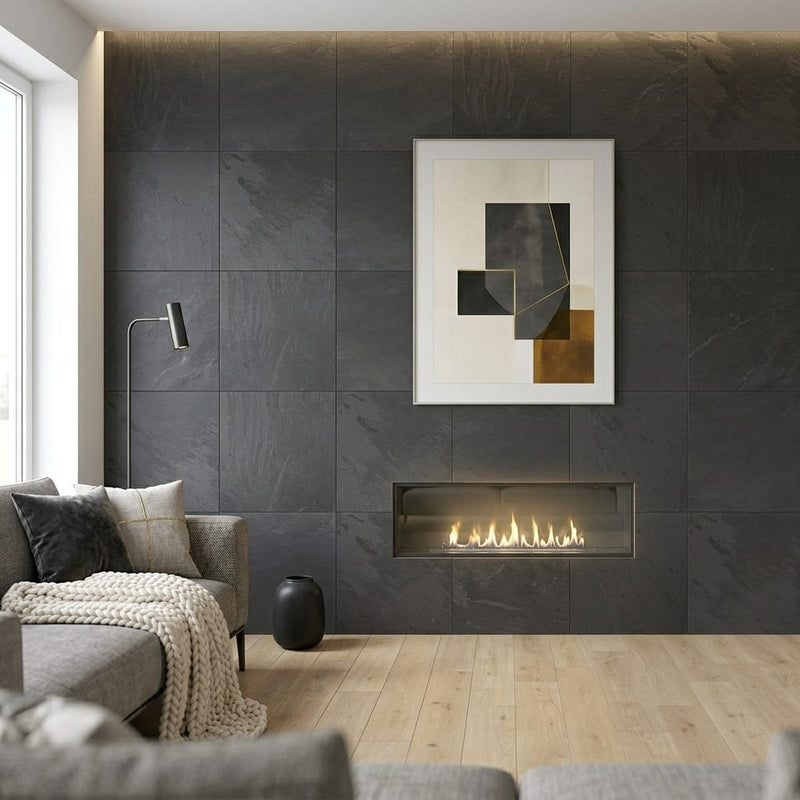 Black Pearl 24x24 Gauged Stone Tile — Living Room feature wall