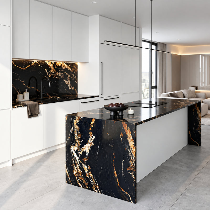 Black Taurus polished granite waterfall island and backsplash with gold and ivory veining in a white kitchen.