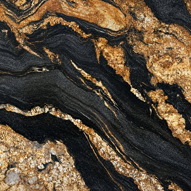 Black Taurus polished granite slab with flowing black and gold veining.