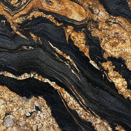 Black Taurus polished granite slab with flowing black and gold veining.