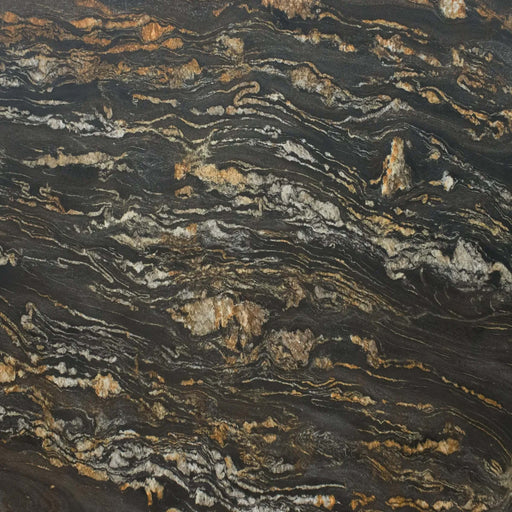 Close-up of Black Taurus leathered granite with flowing gold, cream, and gray veining on a dark surface.