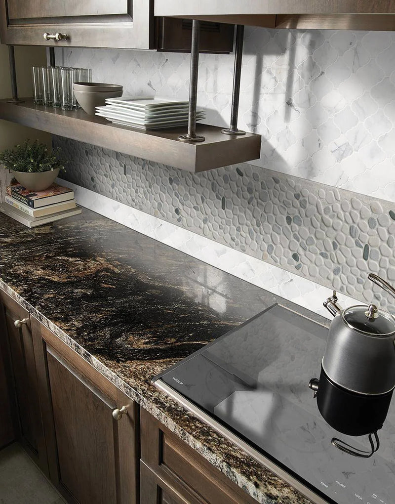 Black and White Pebbles Mesh Backed Tumbled Marble Mosaic Tile