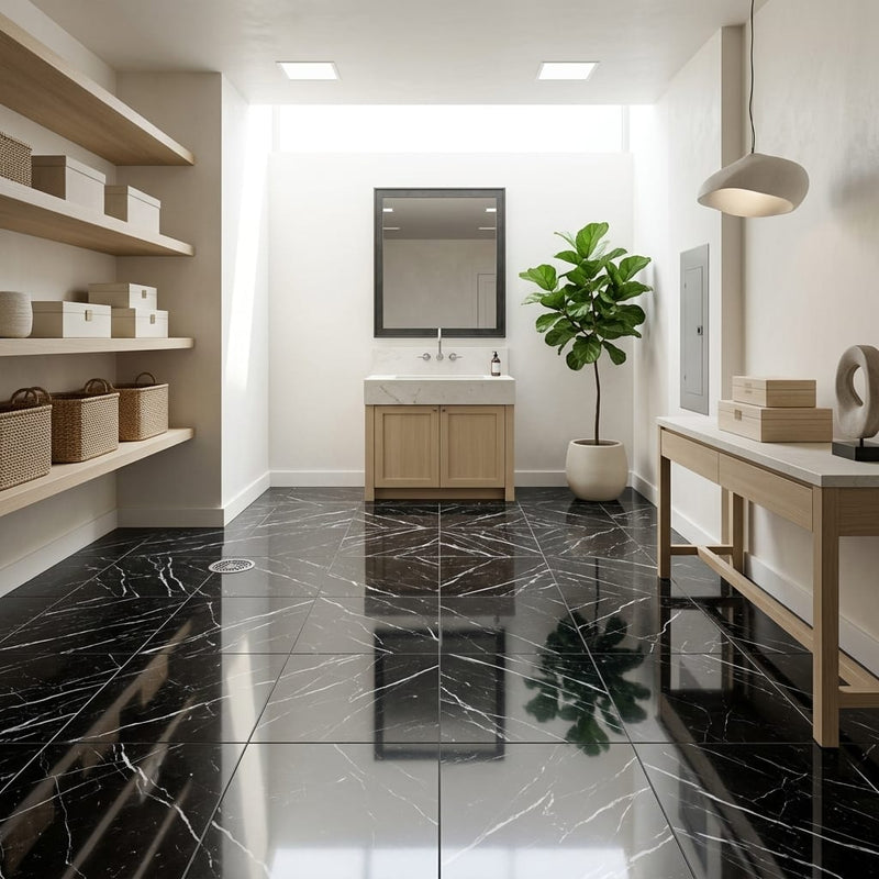 Black with Vein 12x12 Polished Marble Tile — Basement floor