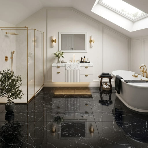 Black with Vein 12x12 Polished Marble Tile — Bathroom floor