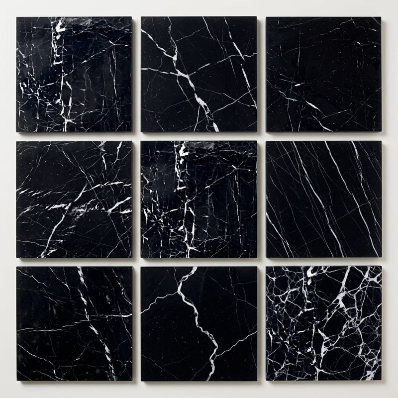 Black with Vein 12x12 Polished Marble Tile close-up