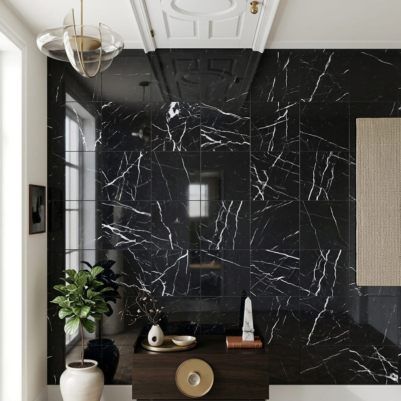 Black with Vein 12x12 Polished Marble Tile — Hallway floor