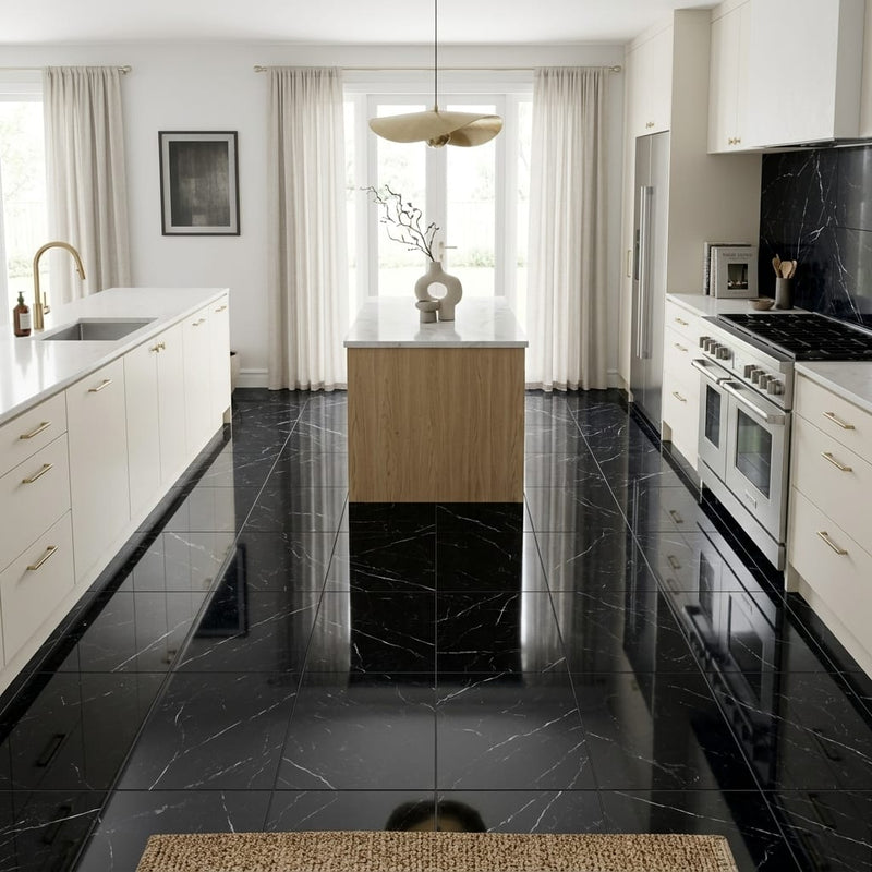 Black with Vein 12x12 Polished Marble Tile — Kitchen floor