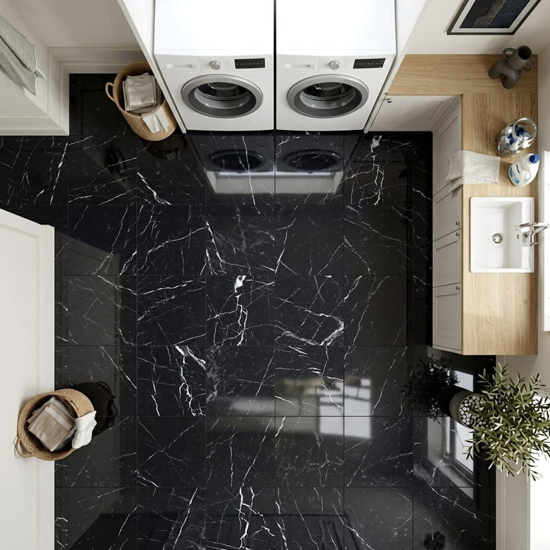 Black with Vein 12x12 Polished Marble Tile — Laundry Room floor
