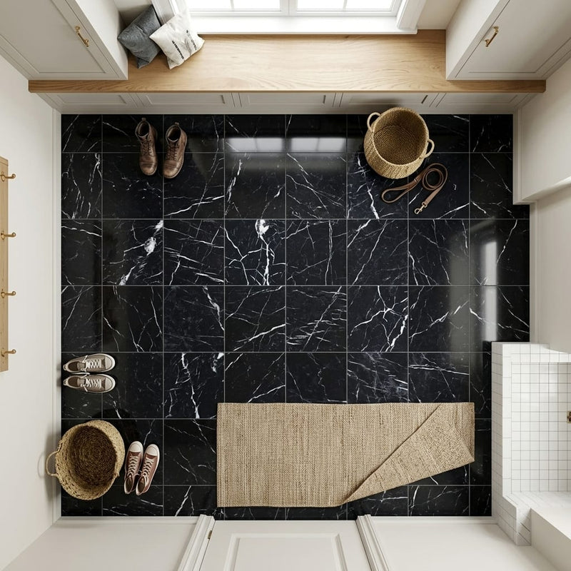Black with Vein 12x12 Polished Marble Tile — Mudroom floor
