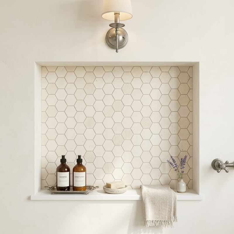 Blavet Mosaic Limestone Hexagon in Blanc - 2x2 Size — Bathroom niche
