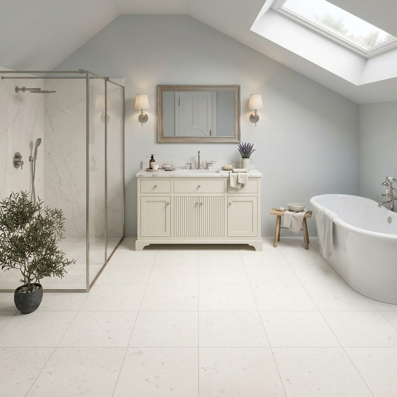Blavet Blanc Limestone Tile 12x12 Honed 3/8 inch — Bathroom floor