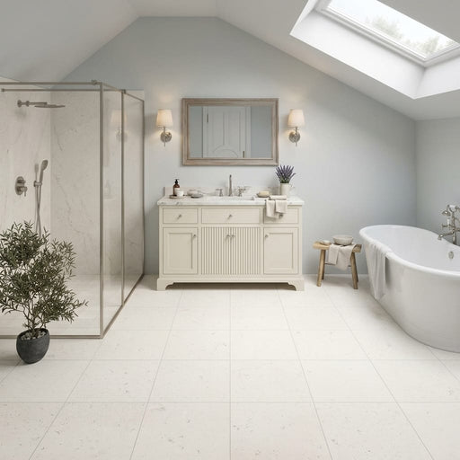 Blavet Blanc Limestone Tile 12x12 Honed 3/8 inch — Bathroom floor