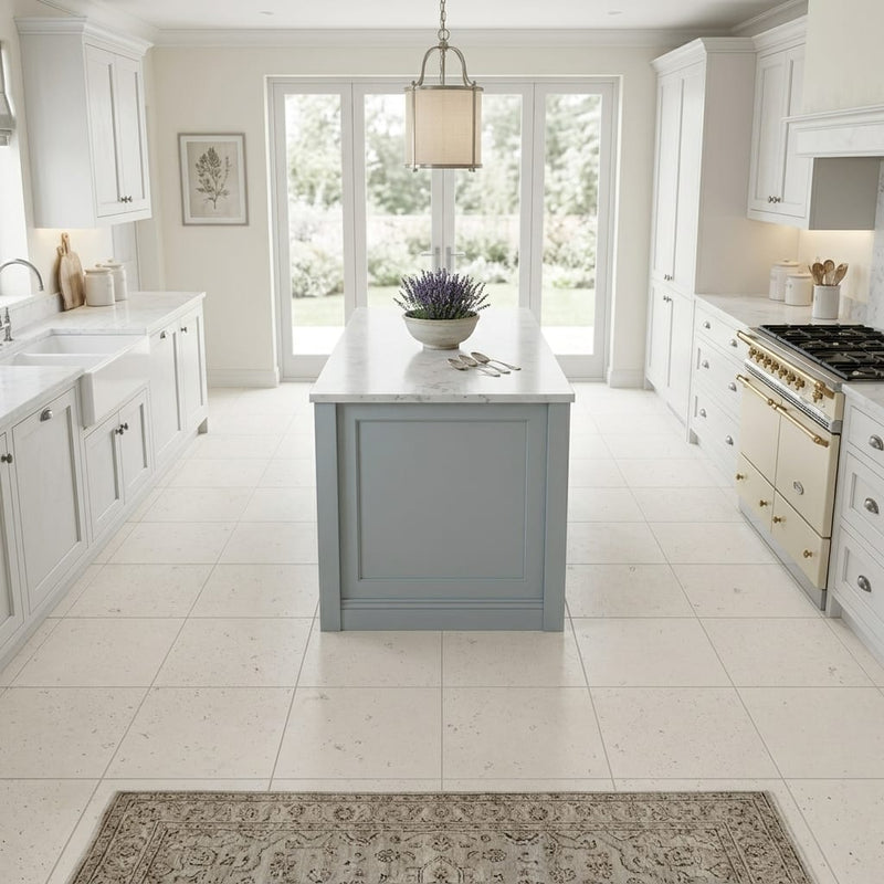 Blavet Blanc Limestone Tile 12x12 Honed 3/8 inch — Kitchen floor