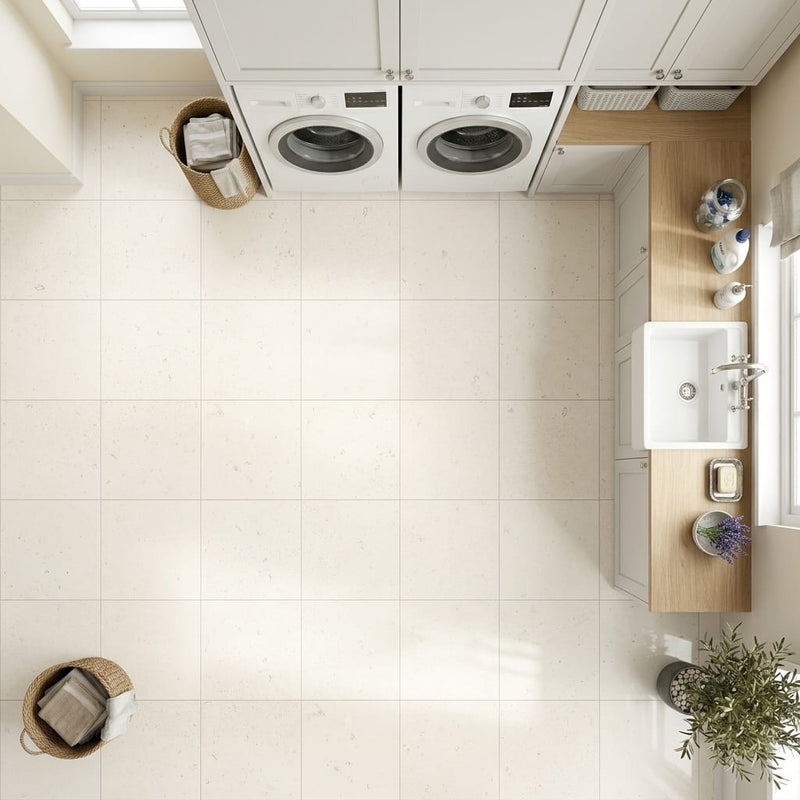 Blavet Blanc Limestone Tile 12x12 Honed 3/8 inch — Laundry Room floor