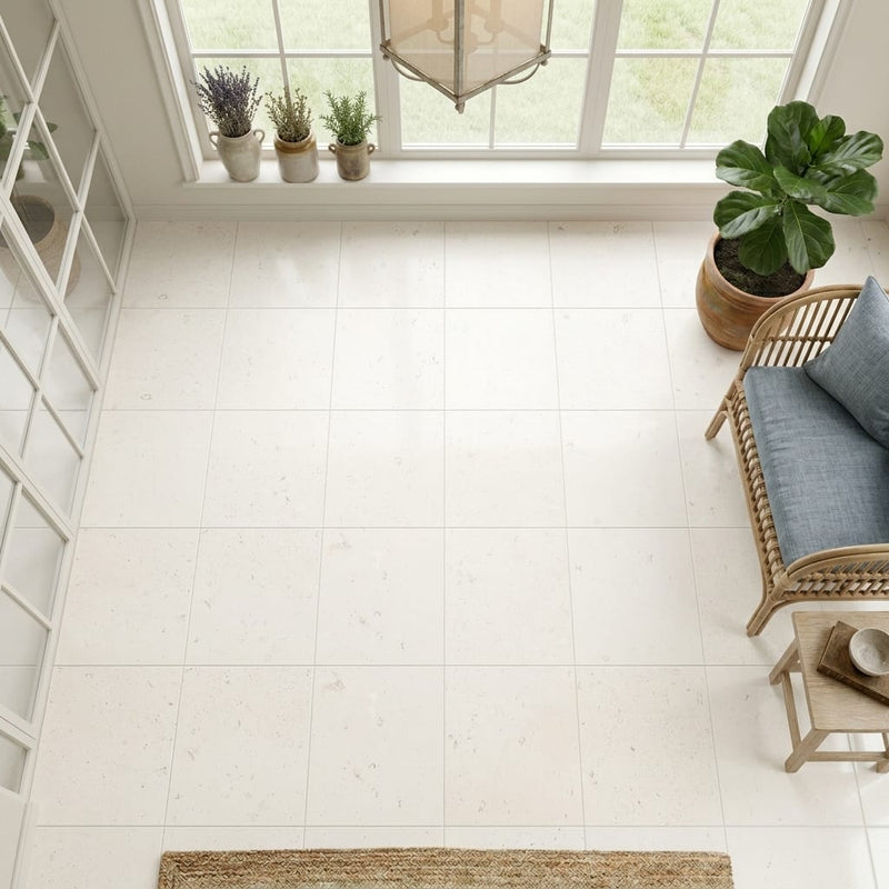 Blavet Blanc Limestone Tile 12x12 Honed 3/8 inch — Sunroom floor