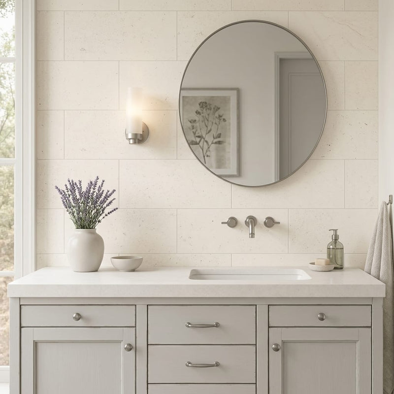 Blavet Blanc Limestone Tile 12x24 Honed 1/2 inch — Bathroom vanity wall