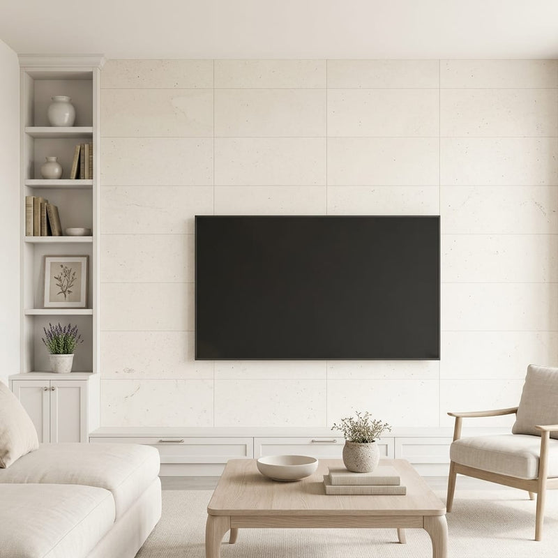 Blavet Blanc Limestone Tile 12x24 Honed 1/2 inch — Living Room feature wall
