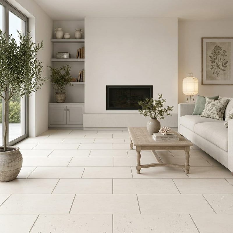 Blavet Blanc Limestone Tile 12x24 Honed 1/2 inch — Living Room floor