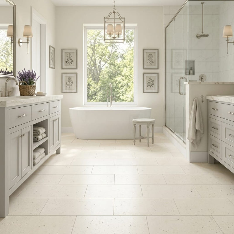 Blavet Blanc Limestone Tile 12x24 Honed 1/2 inch — Primary Bath floor