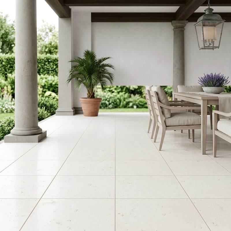 Blavet Blanc Limestone Tile 18x18 Honed 1/2 inch — Covered Patio floor