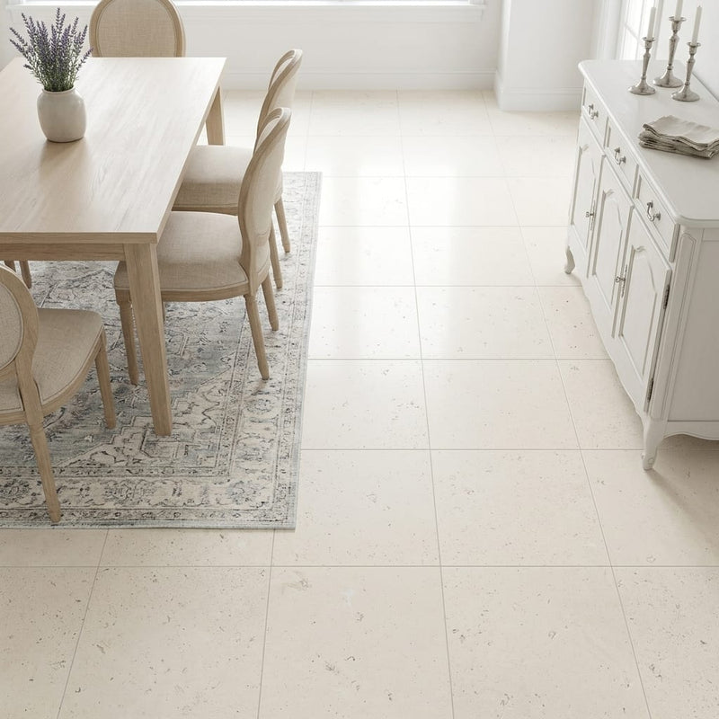 Blavet Blanc Limestone Tile 18x18 Honed 1/2 inch — Dining Room floor