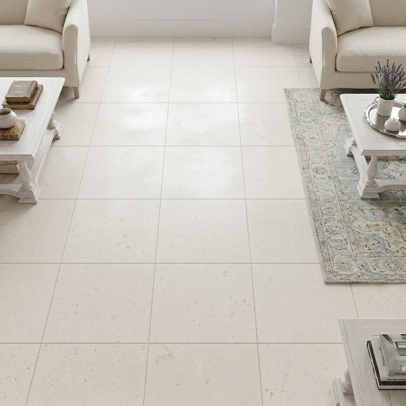 Blavet Blanc Limestone Tile 18x18 Honed 1/2 inch — Family Room floor