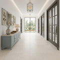 Blavet Blanc Limestone Tile 18x18 Honed 1/2 inch — Hallway floor