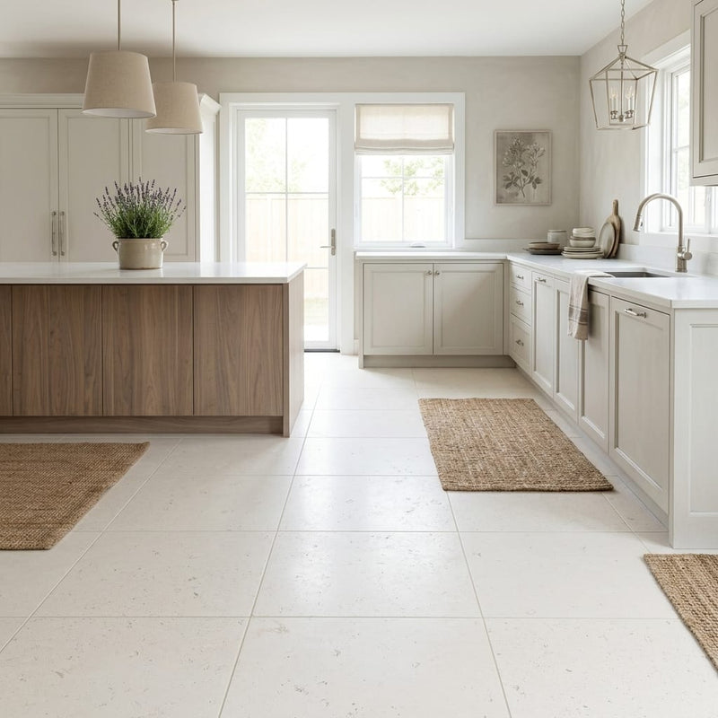 Blavet Blanc Limestone Tile 18x18 Honed 1/2 inch — Kitchen floor