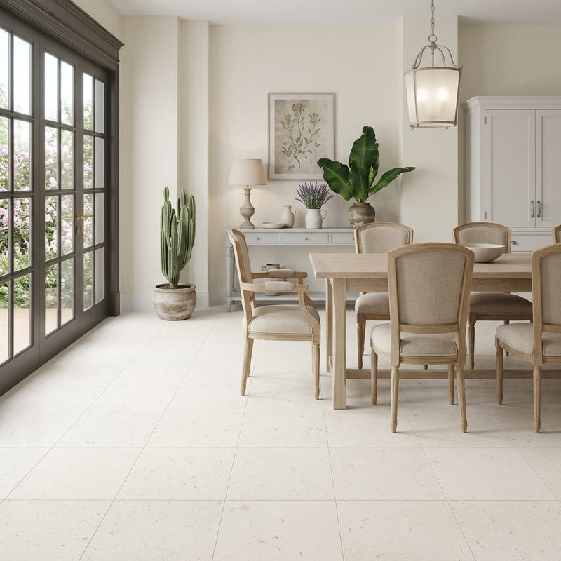 Blavet Blanc Limestone Tile 18x18 Honed 1/2 inch — Living Room floor