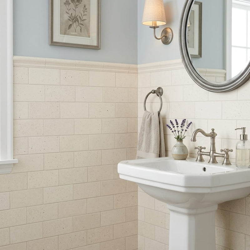 Blavet Blanc Limestone Tile 3x6 Honed 3/8 inch — Powder Room wainscot