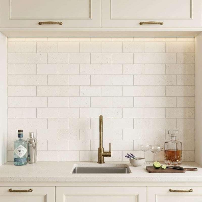Blavet Blanc Limestone Tile 3x6 Honed 3/8 inch — Wet Bar backsplash