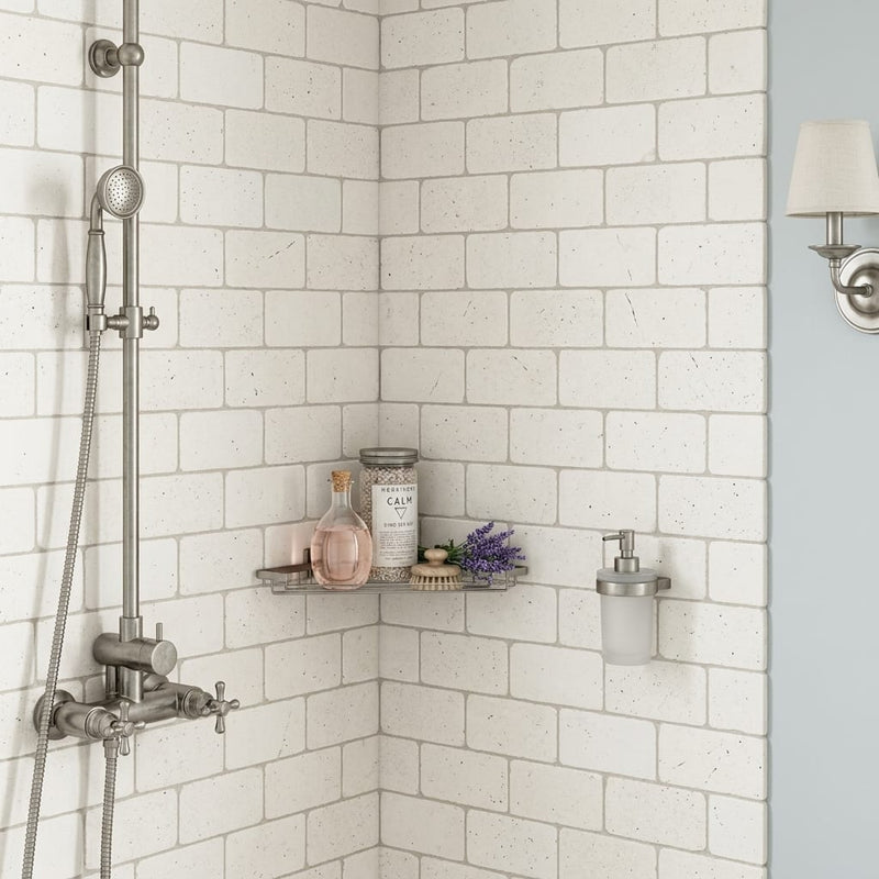 Blavet Blanc Limestone Tile 3x6 Tumbled 3/8 inch — Bathroom shower wall