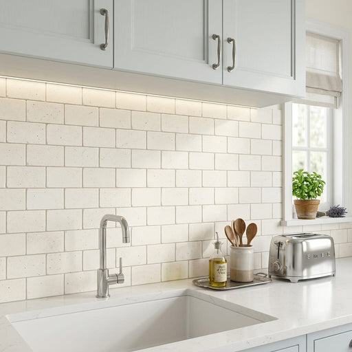 Blavet Blanc Limestone Tile 3x6 Tumbled 3/8 inch — Kitchen backsplash