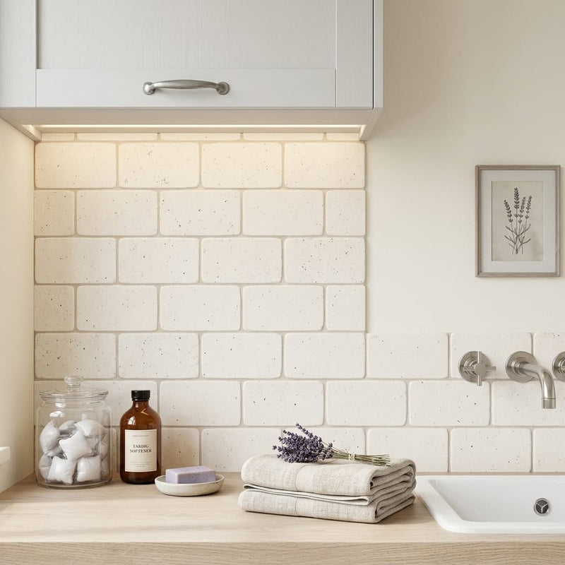 Blavet Blanc Limestone Tile 3x6 Tumbled 3/8 inch — Laundry Room backsplash