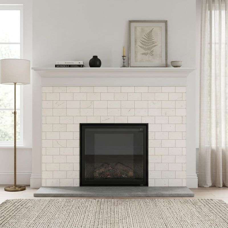Blavet Blanc Limestone Tile 3x6 Tumbled 3/8 inch — Living Room fireplace surround