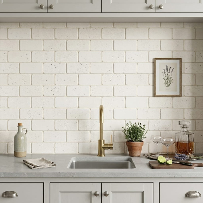 Blavet Blanc Limestone Tile 3x6 Tumbled 3/8 inch — Wet Bar backsplash