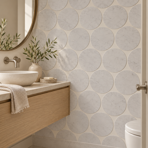 Blendables Talking in Circles White Carrara 10x10 honed marble tiles featured on a bathroom wall beside an oak vanity.