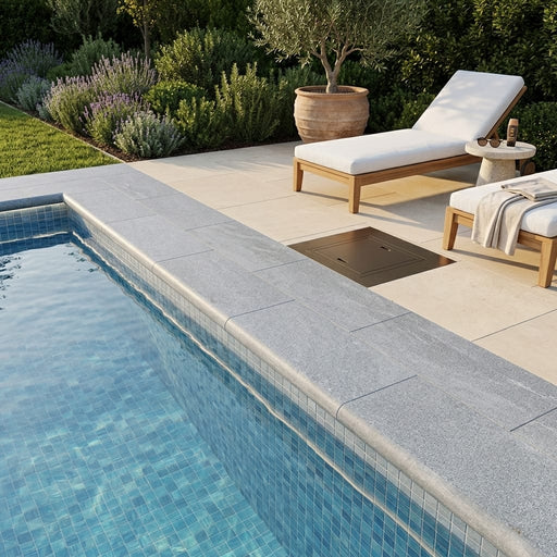 Blue Island Marble Leather (Sandblasted & Brushed) 12 x 24 x 1.25 Bullnose Coping 12x24 pool coping — Swimming Pool remodel pool edge