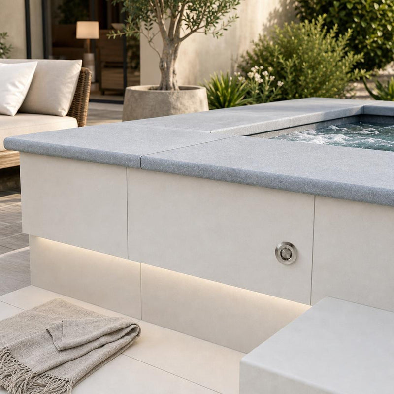 Blue Island Marble Leather (Sandblasted & Brushed) 12 x 24 x 2 Double Bullnose Coping 12x24 pool coping — Spa spa overhang edge