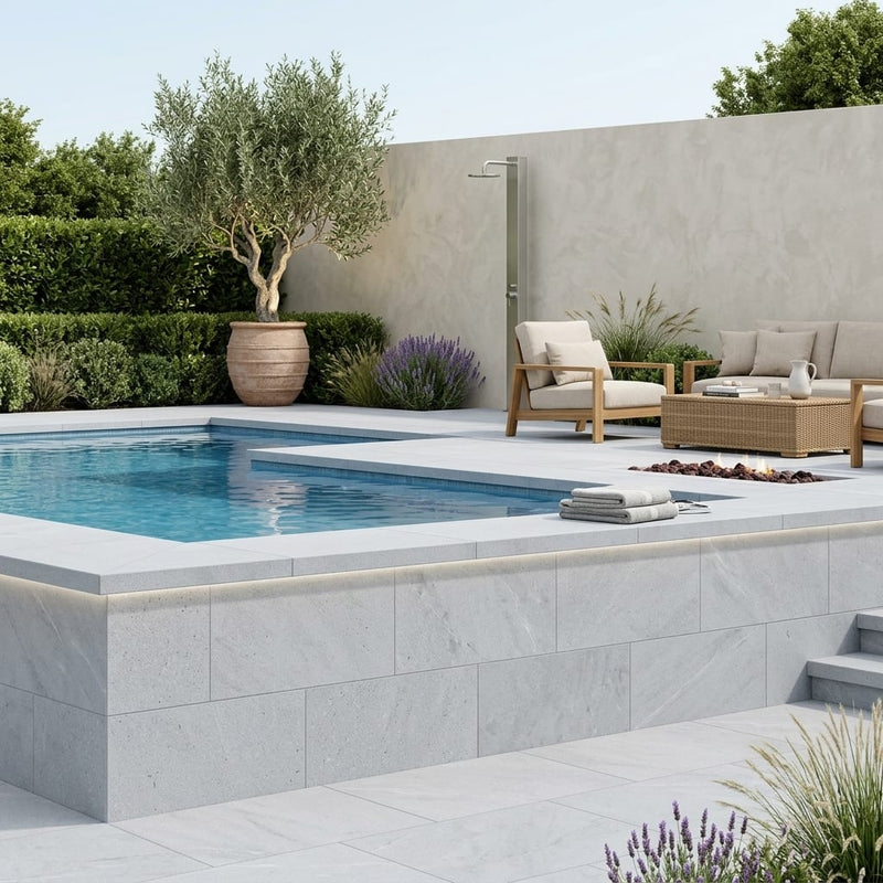 Blue Island Marble Leather (Sandblasted & Brushed) 12 x 24 x 2 Double Modern Coping 12x24 pool coping — Swimming Pool raised bond beam cap