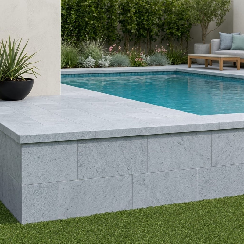 Blue Island Marble Leather (Sandblasted & Brushed) 12 x 24 x 2 Modern Coping 12x24 pool coping — Swimming Pool raised bond beam cap