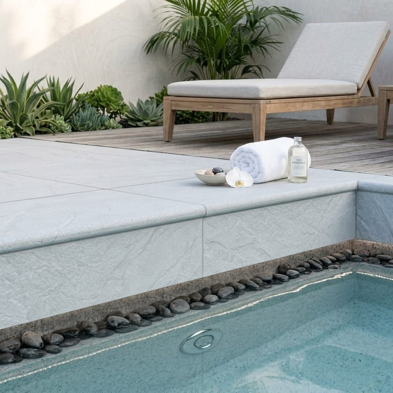 Blue Island Marble Leather (Sandblasted & Brushed) 16 x 24 x 1.25 Bullnose Coping 16x24 pool coping — Spa spa overhang edge