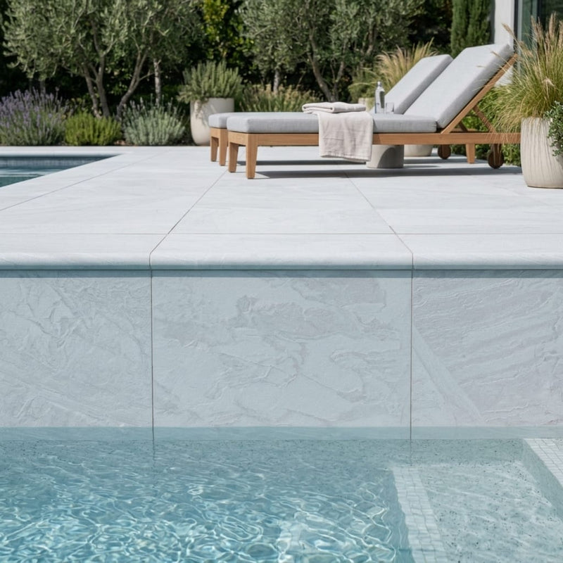 Blue Island Marble Leather (Sandblasted & Brushed) 16 x 24 x 2 Bullnose Coping 16x24 pool coping — Swimming Pool remodel pool edge