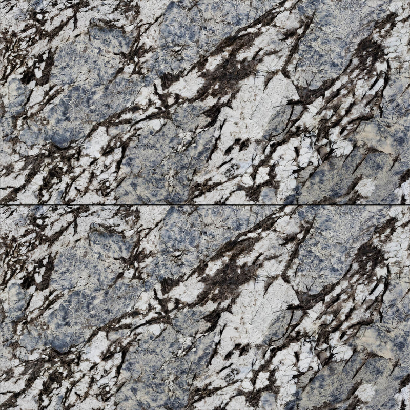 Blue Lagoon 3cm polished granite slab with blue-gray mineral patterns, white accents, and dark branching veins.