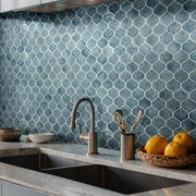 Blue Shimmer Arabesque Pattern Glossy 0.31 Inch Glass Mosaic Tile