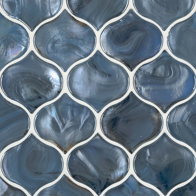 Blue Shimmer Arabesque Pattern Glossy 0.31 Inch Glass Mosaic Tile