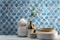 Blue Shimmer Arabesque Pattern Glossy 0.31 Inch Glass Mosaic Tile