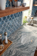 Blue Shimmer Arabesque Pattern Glossy 0.31 Inch Glass Mosaic Tile