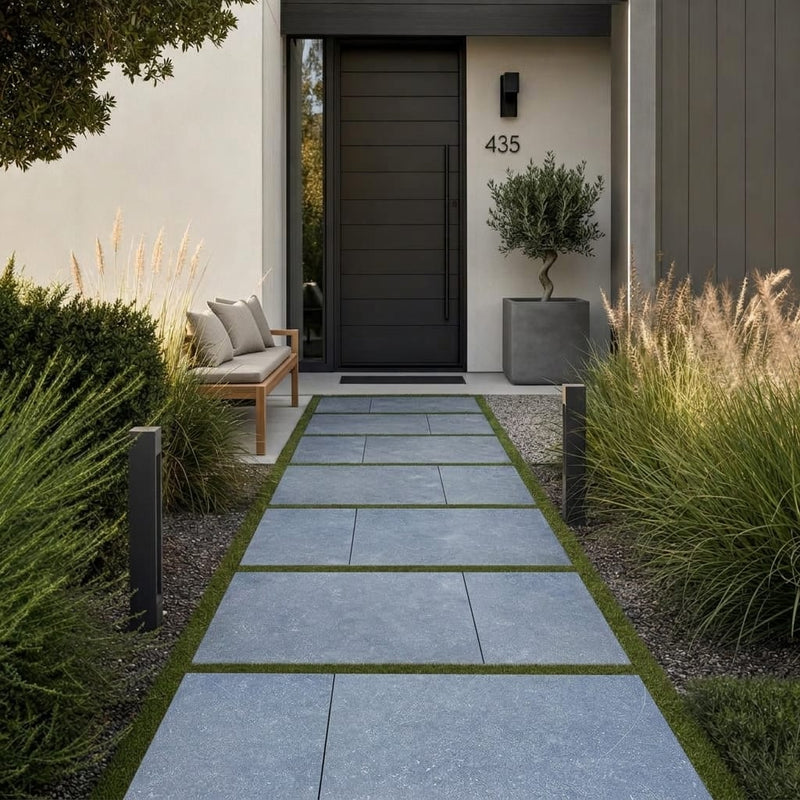 Bluestone Dark Grey Porcelain Rough & Straight Edge 24 x 48 x 3/4 Paver 24x48 — Front Yard walkway